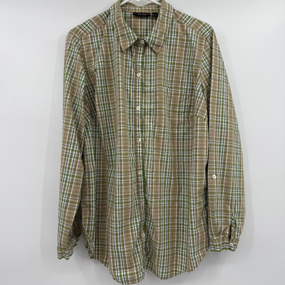 Susan Graver Weekend Top Women Large Green Tan Plaid Button Up Long Sleeve